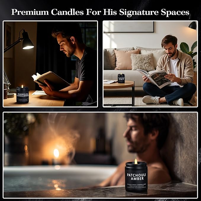 Candles for Men, 4 Pack Scented Candles, Gifts for Father Dad Day, 50 Hours Long Burning Soy Candles for Home Scented (Pine/Sandalwood/Patchouli/Oak)