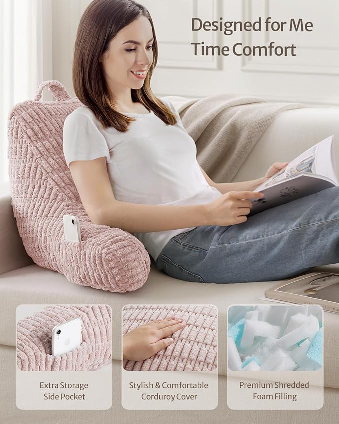 Blissful Diary Reading Pillow, Backrest Pillow with Shredded Memory Foam for Adult & Children, Designed for Bed and Couch Sitting Up, Includes Arms, Pockets and Washable Cover, Pale Pink