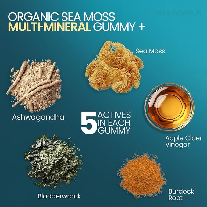 Vitamax Irish Sea Moss Gummies, Sea Moss, Bladderwrack, Ashwagandha, Burdock Root, ACV - Multi-Mineral - Non-GMO and Vegan – Made in USA – 60ct