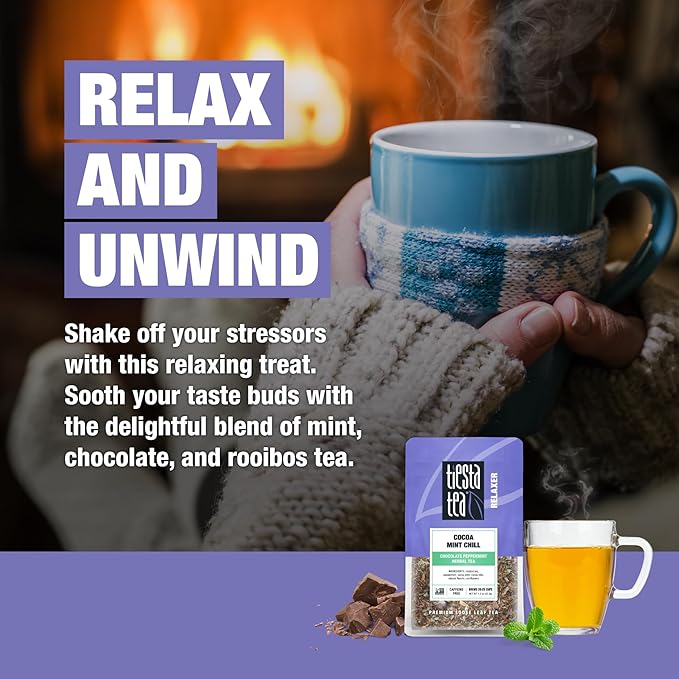 Tiesta Tea Cocoa Mint Chill Loose Leaf Tea, Chocolate Peppermint Herbal Rooibos Blend, Non-Caffeinated, Real Fruit, Herbs, Spices, Hot or Iced Brew, Makes Up to 25 Cups, Resealable Pouch, 1.5 Ounce