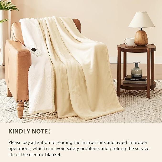 Homemate Electric Heated Blanket Full Size - 72"x84" Heating Blanket Full Size 1/2/4/6/8 Hours Auto-Off 10 Heat Level Over-Heat Protection Flannel Sherpa ETL Certification