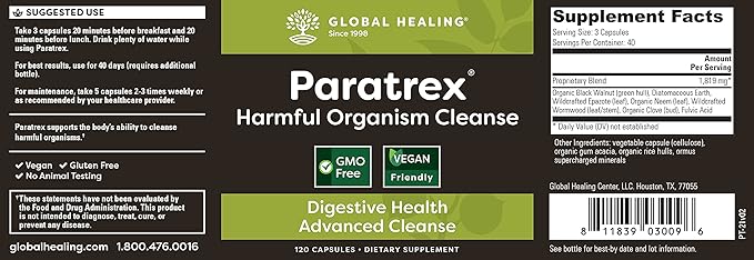 Global Healing Paratrex - Gut Health Cleansing & Intestinal Detox Support - Cleanse Supplement with Wormwood, Neem, Black Walnut and Diatomaceous Earth for Human Adults - 120 Capsules
