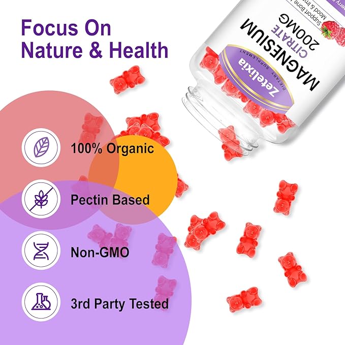 2 Pack Magnesium Citrate Gummies, High Absorption Magnesium Gummies for Adults, Muscle & Teeth Support, Vegan Natural Raspberry Flavor 120 Cts