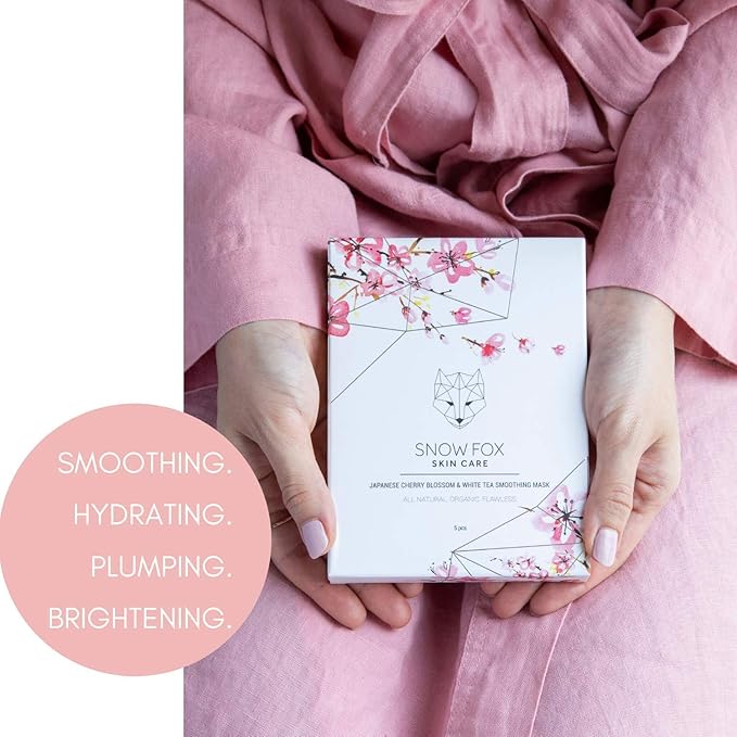 Snow Fox Japanese Cherry Blossom & White Tea Smoothing Sheet Mask – Hydrating Face Mask for Glass Skin Glow & Bridal Makeup Prep – Moisturizing Facial Skin Care for all Types – 5 Pack