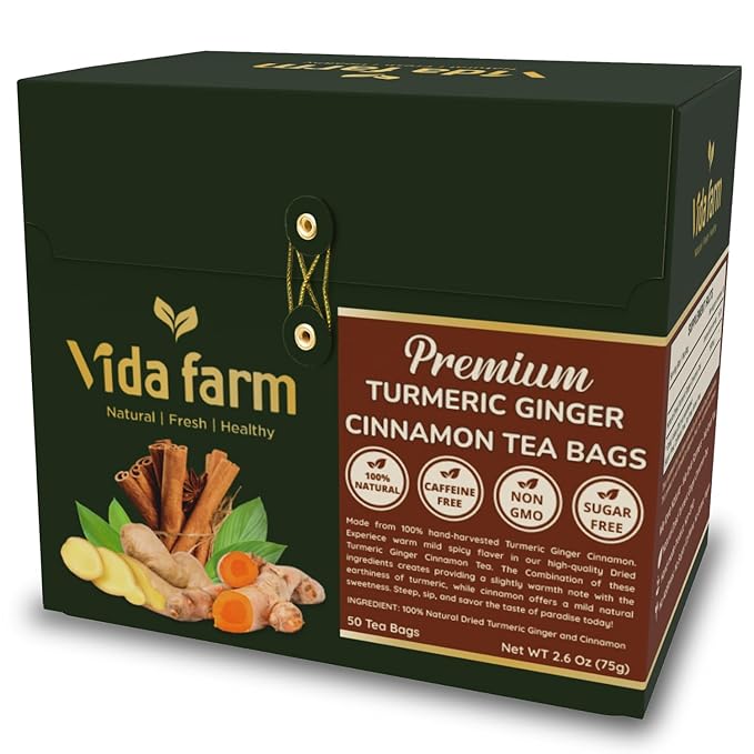 VIDA FARM 50 Turmeric Ginger Cinnamon Tea Bags, 100% Natural Ginger Cinnamon Turmeric Tea, Te De Curcuma Jengibre Herbal Tea, Sugar Free, Caffeine Free, Gluten Free