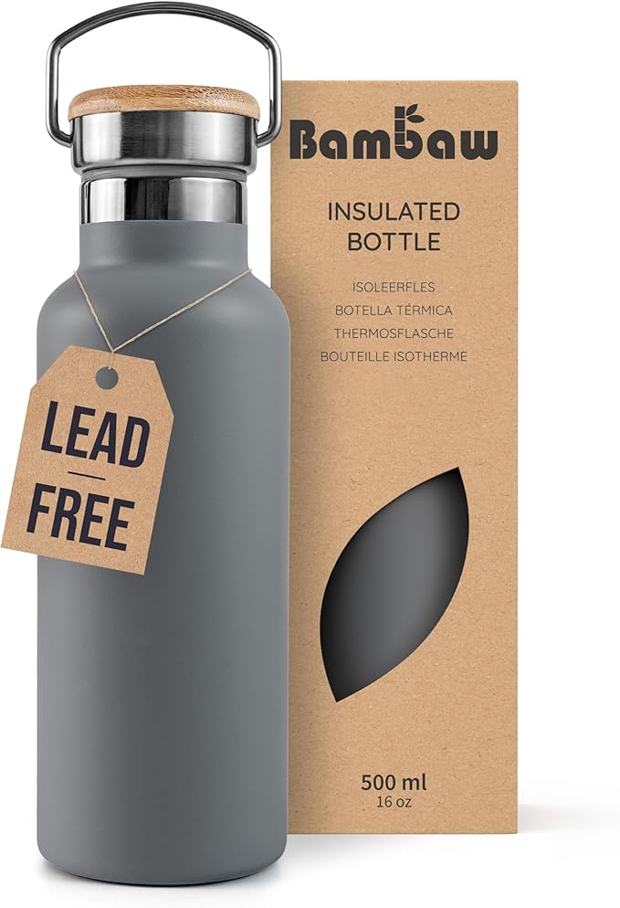 Bambaw 16 oz Water Bottle, Gray Insulated Water Bottle, Metal Water Bottle That Fits in Cup Holder, Hiking Water Bottle, Stainless Steel Water Bottle, Refillable Water Bottle – Stormy Gray