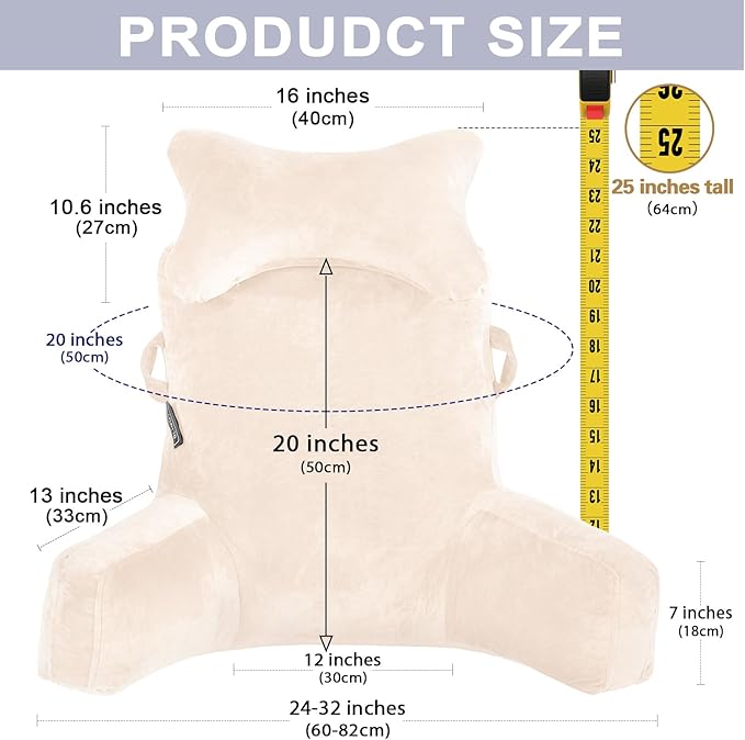 SLIGUY Reading Pillow-Bed Rest Pillow with Detachable Neck Roll & Higher Support Arm for Sitting in Bed Couch or Floor-Backrest Reading Pillow Adult Back Pillow for Reading/Watching TV/Gaming,Beige