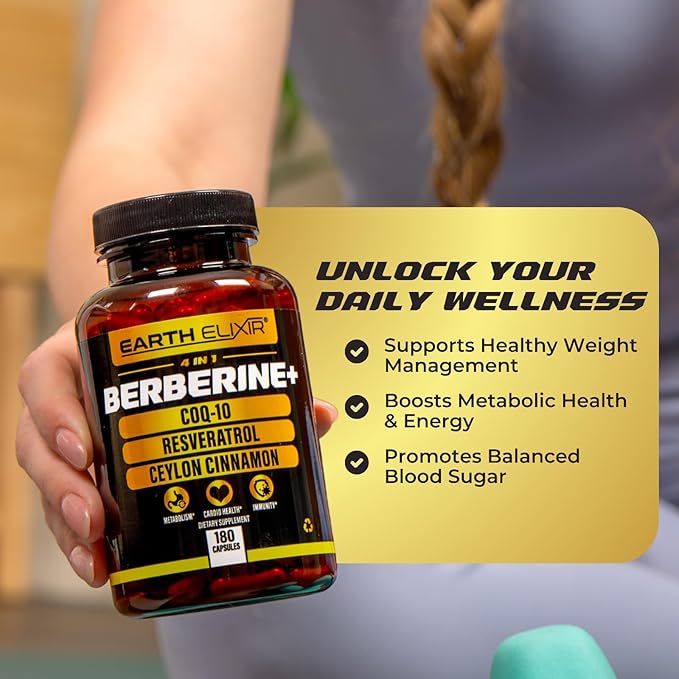 Earth Elixir 4-in-1 Berberine Supplement – Organic Berberine with Ceylon Cinnamon, CoQ10 Ubiquinol, and Resveratrol Powder – Metabolic & Cellular Energy Support, 180 Vegan Capsules