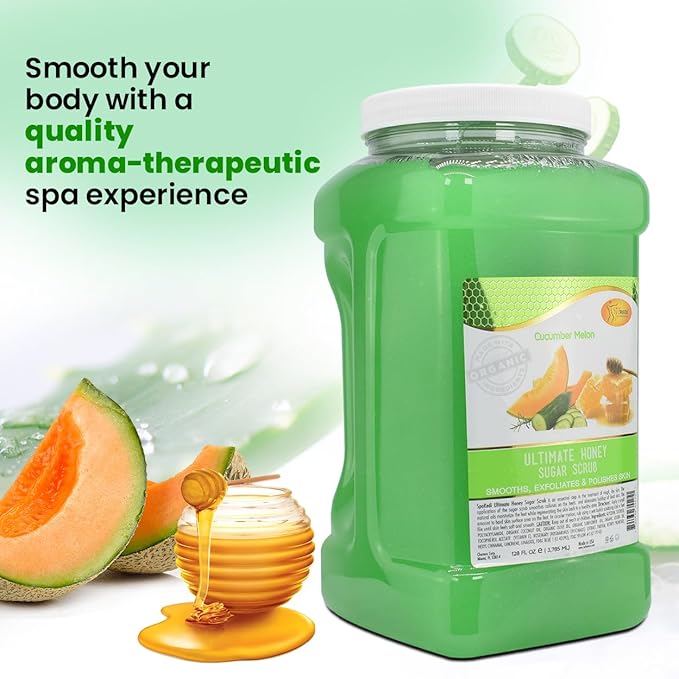 SPA REDI - Sugar Body Scrub, Honey, Cucumber Melon, 128 Oz, Exfoliating, Moisturizing, Hydrating and Nourishing, Glow, Polish, Smooth and Fresh Skin - Body Exfoliator