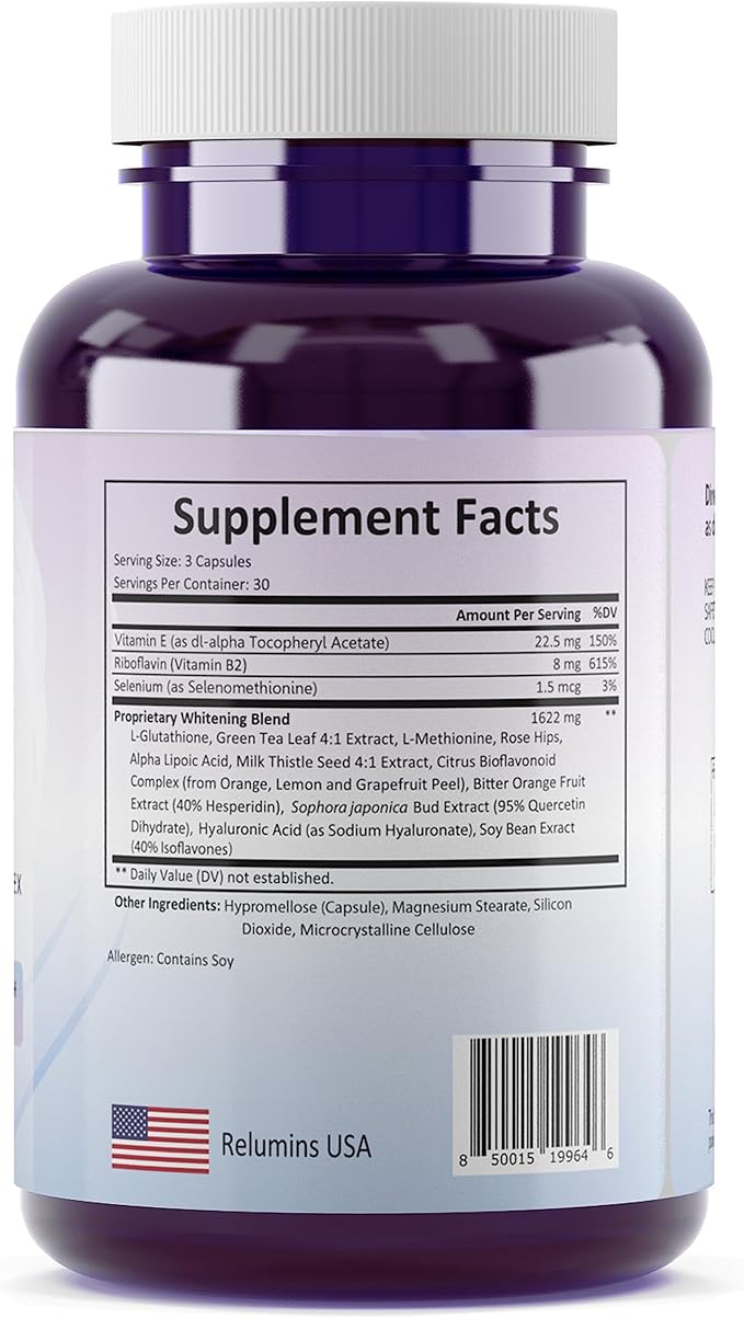 Relumins 1650mg L-Glutathione Complex with Hyaluronic Acid, Alpha Lipoic Acid, Rose HIPS, Vitamin E & Riboflavin, Antioxidant Support, Skin Hydration & Wellness, Made in USA – 90 Capsules x 3 Bottles
