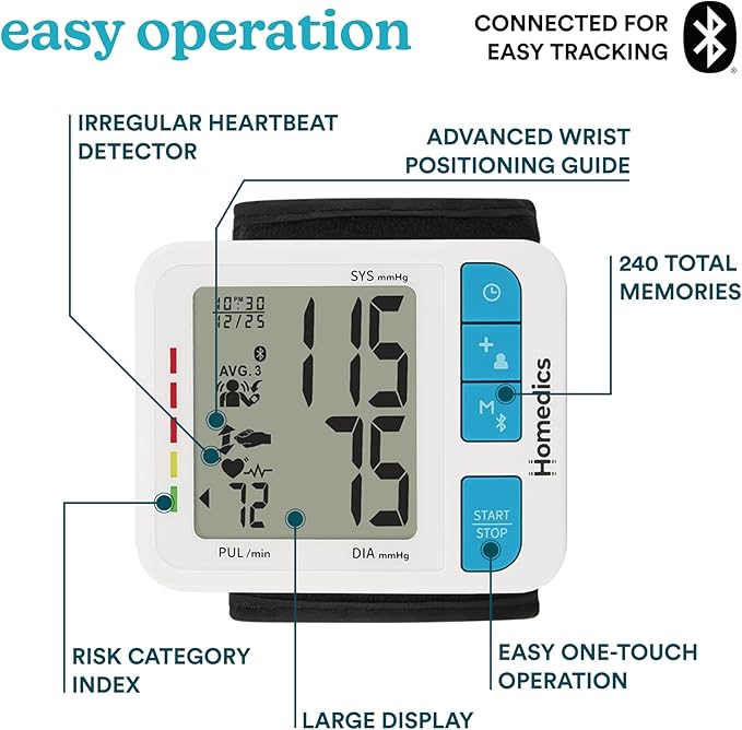 Homedics 700 Series Wrist Cuff Blood Pressure Monitor for Home Use, One-Touch Operation, Accurate Results, 2 Users, with Bluetooth Wireless Technology to The Homedics Health App (Smart)
