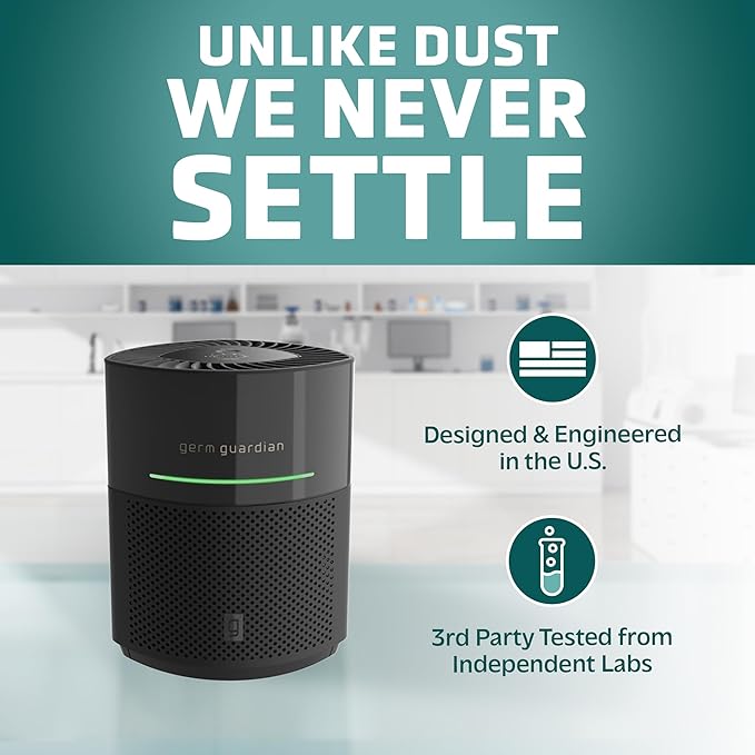 GermGuardian Airsafe+ Air Purifier for Home, for Wildfire Smoke, Pets, Pollen, Odor, Large Rooms Up To 1043 Sq. Ft. with HEPA Pure Air Filter, UV-C Light & Air Quality Sensor, 12", AC3000B, Black