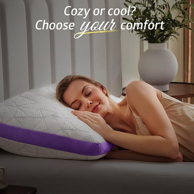 BETU Cooling Pillows Standard Size Set of 2, Shredded Memory Foam Cool Pillows for Hot Sleepers, Adjustable Firm Soft Support Bed Pillow Perfect for Back Neck Pain and Side Sleeping, Purple