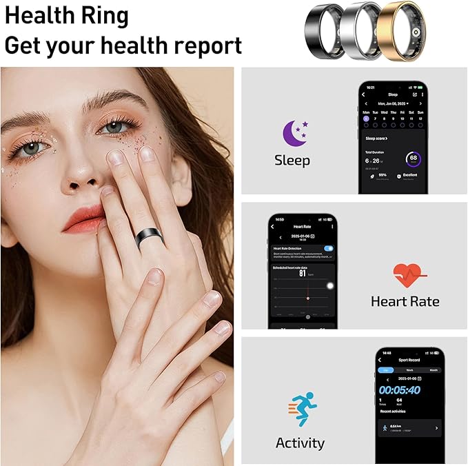 Smart Health Rings for Women Men, Fitness Tracker with Heart Rate, Blood Oxygen, HRV, Sleep Tracker, Step Tracker, No Subscription Fee, IP68 Waterproof Smart Ring for iphone & Android (Silver#9)