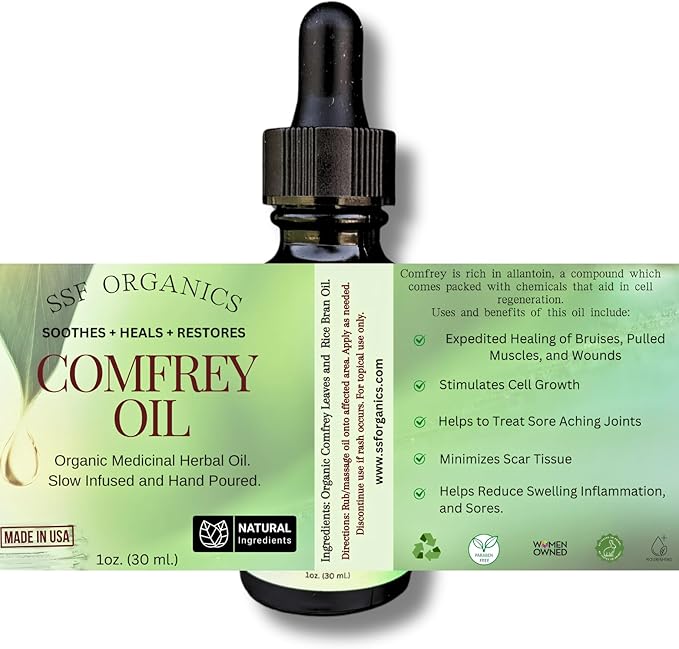 SSF Organics- Healing Comfrey Oil Concentrate. Natural Therapy for Joints, Muscle and Skin. | Medicinal Plant Based Relief and Recovery | 1 oz.