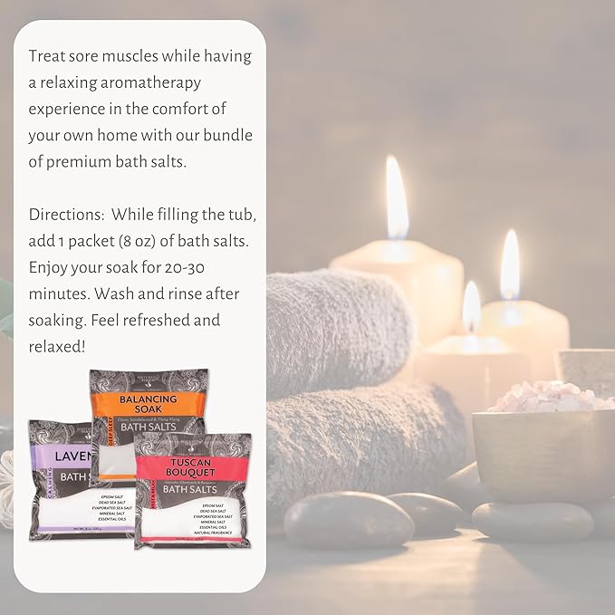 3-Pack Aromatherapy Bath Salts Gift Set. Variety Pack of Soothing Touch Bath Salts: Lavender, Tuscan Bouquet, Balancing Soak (8 oz Each). Bundle Includes Cotton Pouch and Loofah Exfoliating Pad