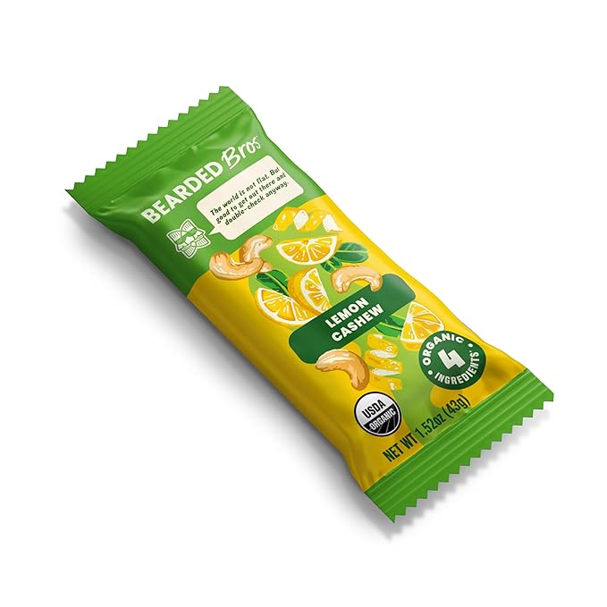 Bearded Brothers Vegan Organic Food Bar - Lemon Cashew, 12 Pack, Gluten Free, Paleo, Fiber, Whole 30 | Non GMO Low Glycemic Snacks (Packaging May Vary)