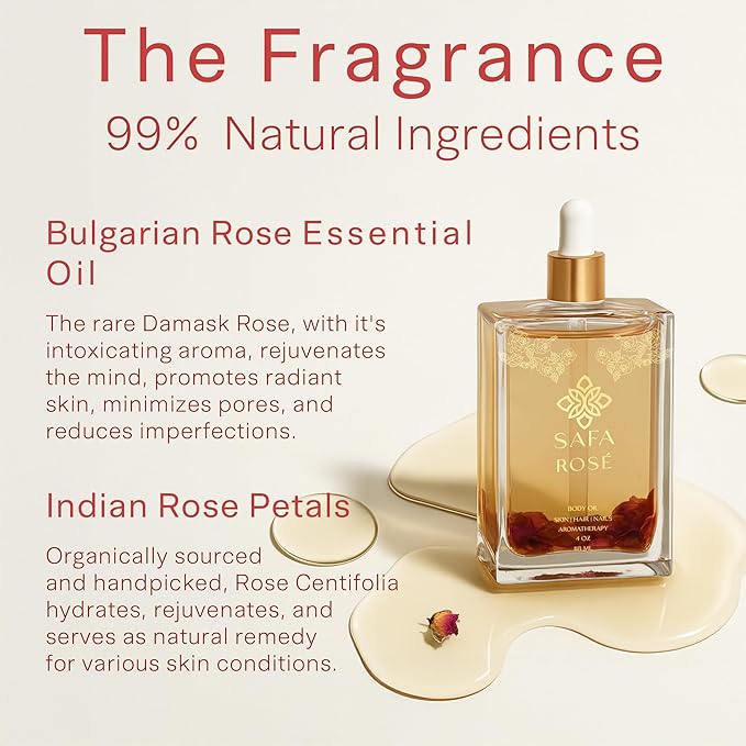 SAFA Rosé Oil - Organic Rose Essential Oil for Face, Body, Hair, Nails & Aromatherapy | After Shower Body Oil | Skin Moisturizer - Natural Scented Perfume for Women - 4 Fl Oz