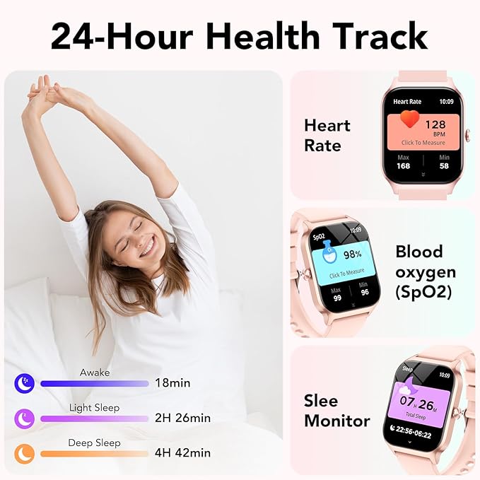 Smart Watch for Men Women, 1.85" HD Fitness Tracker with Bluetooth Calls/Messages, IP68 Waterproof, 115+Sports Modes, 24/7 Heart Rate/Sleep Fitness Watch Compatible with iOS/Android, Lotus Root Pink