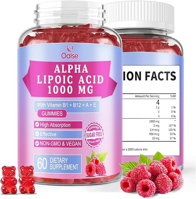 Alpha Lipoic Acid Gummies 1000Mg with Vitamin B1, B12, A, E - High Absorption Sugar Free Chewable ALA Supplement for Energy and Nerve* Support,Raspberry Flavor, 60 Gummies