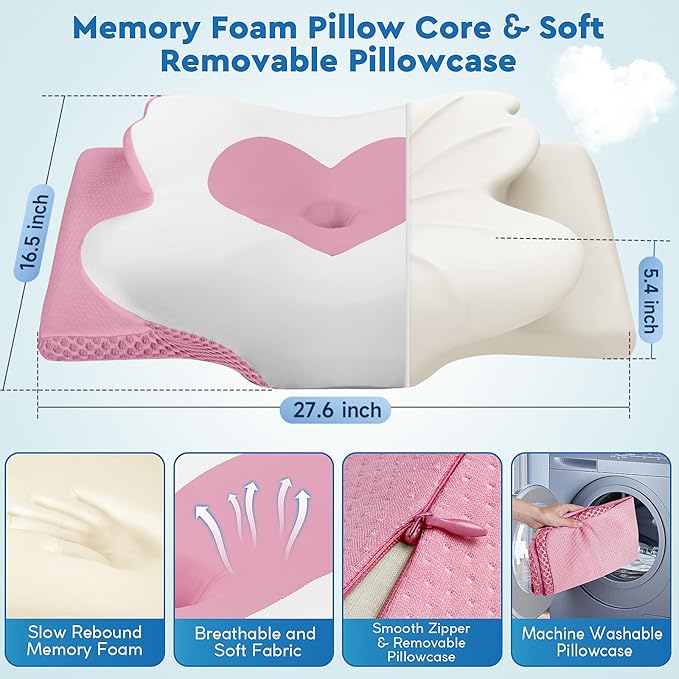Cervical Neck Pillow, Memory Foam Neck Support Pillows for Sleeping, Shoulder Pillow for Side Sleepers, Back Stomach Sleepers, CertiPUR-US Certified, King Size, Pink