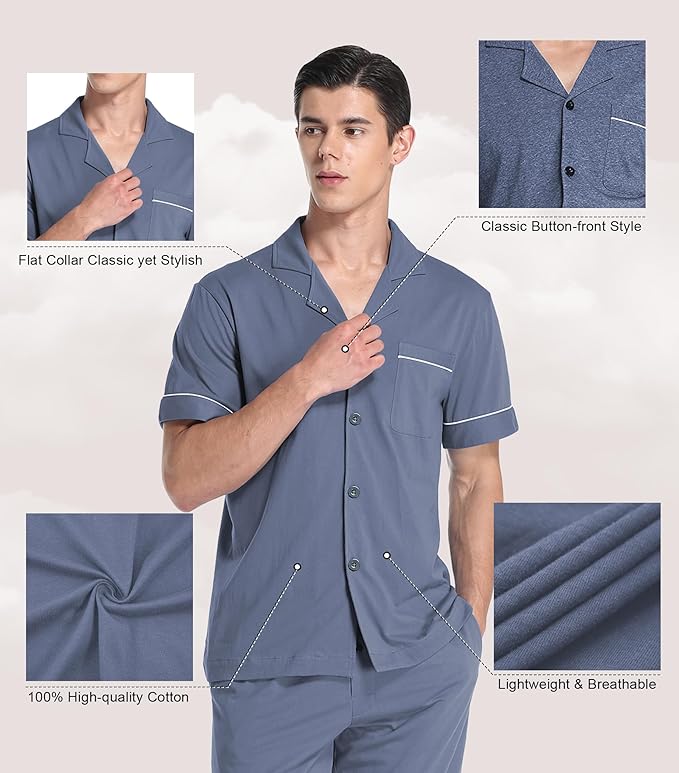 COLORFULLEAF Men's 100% Cotton Pajamas Set Button Down Sleepwear Short Sleeve and Long Pants Pjs