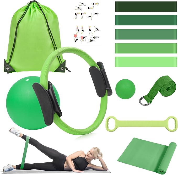 HASHMUST Pilates Ring Kit 12 PCS for Women, Home Workout Equipment with Magic Circle, Mini Exercise Ball, Resistance Bands, Massage Lacrosse, Yoga Strap, Full-Body Fitness Set for Toning & Gift