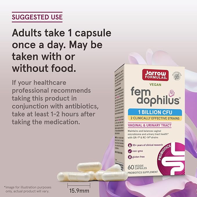 Jarrow Formulas Fem-Dophilus Probiotics 1 Billion CFU with 2 Science-Backed Strains, Dietary Suppl for Vaginal and Urinary Tract Supp,60 Veggie Caps,Up to a 60 Day Supply, Shelf-Stable,12 Packs