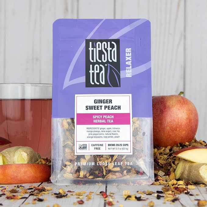 Tiesta Tea - Ginger Sweet Peach, Loose Leaf, Spicy Peach Herbal Tea, Non-Caffeinated Tranquility Blend, Bulk Herbal Leaves with Hibiscus & Cane Sugar, 25 Cups, 2.2 Ounce Resealable Pouch