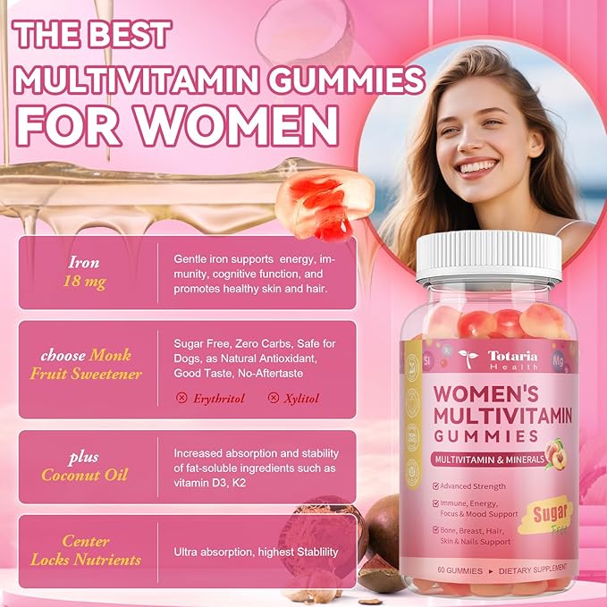 Totaria Sugar Free Multivitamin Gummies for Women 14+ w/Iron, Inositol, Folate, Biotin, Womens Daily Multivitamin Gummy w/Vitamin A, C, B, D3, K2, for Hair, Skin, Energy, Immune, Peach Flavor
