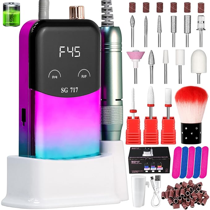 LIMEGIRL Professional Electric Nail File Drill Bits Kit 45000RPM for Acrylic Toenail Machine Clippers with 14 Drill Bit Gradient Green Portable Rechargeable Cordless