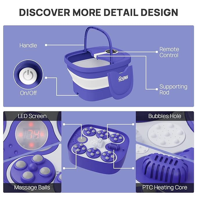 HOSPAN Collapsible Foot Spa Electric Rotary Massage, Foot Bath with Heat, Bubble, Remote, and 24 Motorized Shiatsu Massage Balls. Pedicure Foot Spa for Feet Stress Relief - FS02A