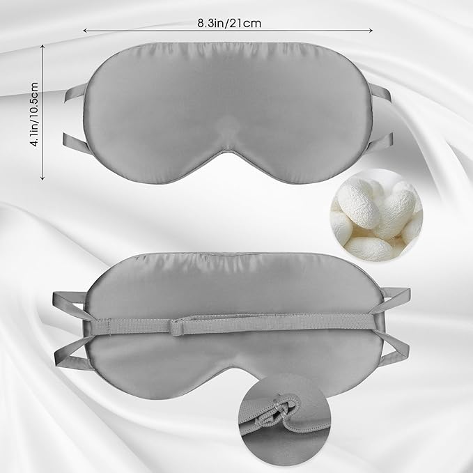 Adjustable Silk Eye Mask for Side Sleep/Travel/Plane Large Mulberry Silk Night Mask for Sleeping for Men/Women/Adults/Teens/Big Head,Silver Gray