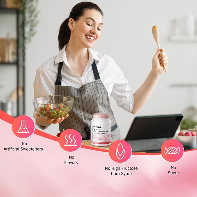 NYO3 Multivitamin for Women with Zinc & Biotin Vitamins A,C,K,B2,B6,B12 & Multimineral | Daily Multivitamins Beauty & Energy | Gluten-Free, 60 Day Supply