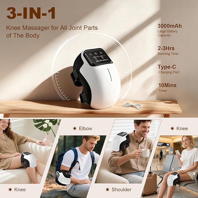 Knee Massager with Heat, Smart Knee Massager with 3 Vibration Modes and 3 Heating Levels, 3-in-1 Cordless Design, Touch LED Screen, Adjustable Straps, Gift for Men and Wome
