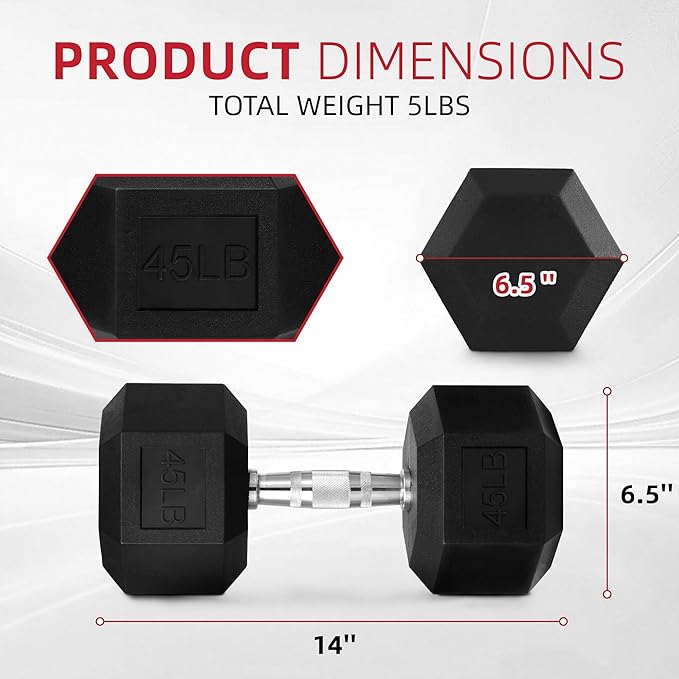 Rubber Encased Hex Weights Dumbbells Set of 5 – 50 lb Pair | Cast Iron Hand Weights with Anti-Slip Grip for Home Gym Strength Training