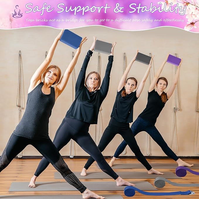Wettarn 30 Pack Yoga Block and Strap Set 15 Pcs Non-Slip Yoga Blocks with 15 Pcs Metal D Ring Stretching Exercise Workout Fitness Accessory for Gym