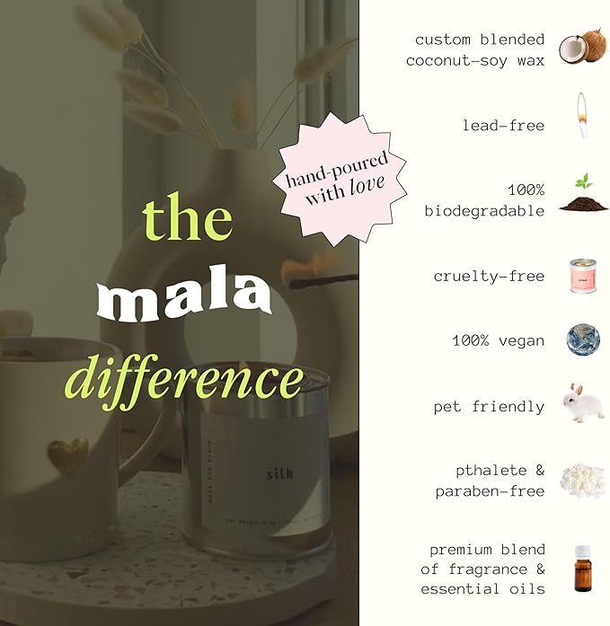 MALA Scented Silk Tonka Bean Jasmine & Coconut Candle for Home – Aromatherapy Scented Candle – Vegan Soy – 45 Hour Clean Burn – Organic Non Toxic Candles – Cozy Room Decor – 6.8 oz