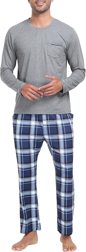 MoFiz Men's Pajamas Plaid Sets Sleepwear Sleep Long Sleeve Shirts and Pants Pajama Set Soft Mens Pjs Lounge Set with Pockets
