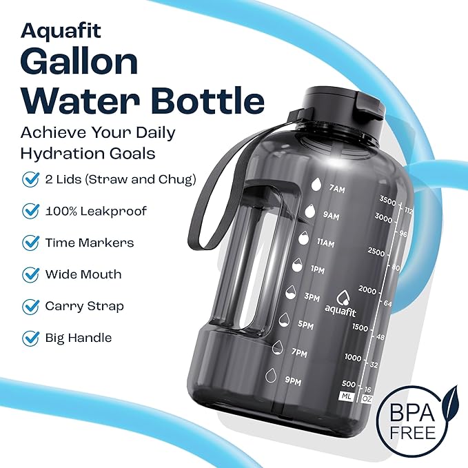 AQUAFIT 1 Gallon Water Bottle with Time Marker - Straw & Chug Lid - BPA Free Gym Water Bottle with Straw - Big Gallon Jug (Frosty, 128 oz - 2 Lids)