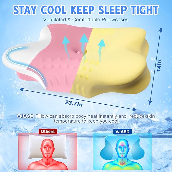 Cervical Neck Pillows with Memory Foam - Ergonomic Neck Support Pillows for Pain Relief Contour Memory Foam - Adjustable Orthopedic Bed Pillows with Cooling Pillowcase for Sleeping - Pink
