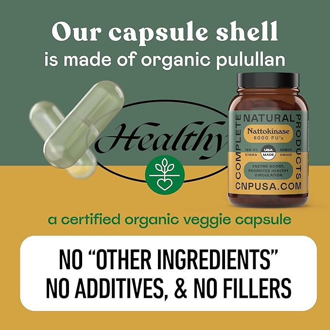 Complete Natural Products Nattokinase Capsules - 100 Count 570Mg 6000Fu'S, Support Healthy Circulation, Natto Enzymes, Gluten Free, Pure Soy Enzyme, Vegan, Non-GMO