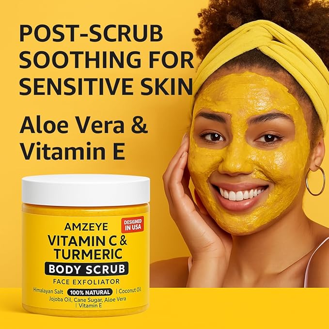 Vitamin C & Turmeric Body Scrub, Natural Face Exfoliator, Himalayan Salt with Coconut Oil, Jojoba Oil, Aloe Vera, Vitamin E, Cane Sugar