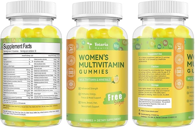 Totaria Sugar Free Multivitamin Gummies for Women 14+ w/Iron, Bariatric Multivitamin, Inositol, Folate, Biotin, Womens Daily Gummy w/Vitamin A, D, C, B, for Hair, Skin, Energy, Immune, Lemon Flavor