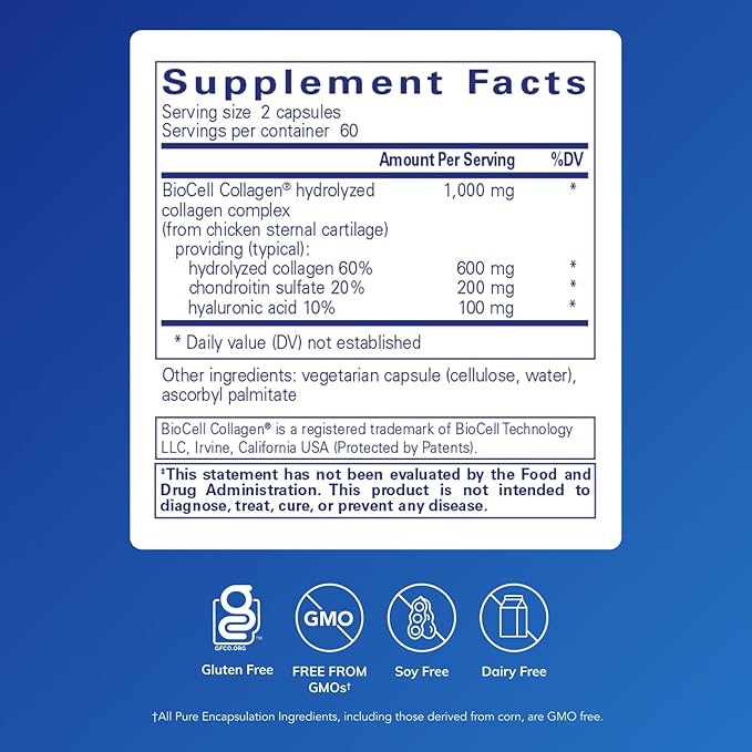 Pure Encapsulations Collagen JS - Skin & Joint Health* - 1,000 mg Hydrolyzed Biocell Collagen - Gluten Free & Non-GMO - 120 Capsules
