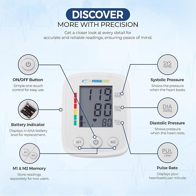 Primacare DS-8007 Automatic Digital Blood Pressure Monitor Upper Arm Sphygmomanometer for Home Use