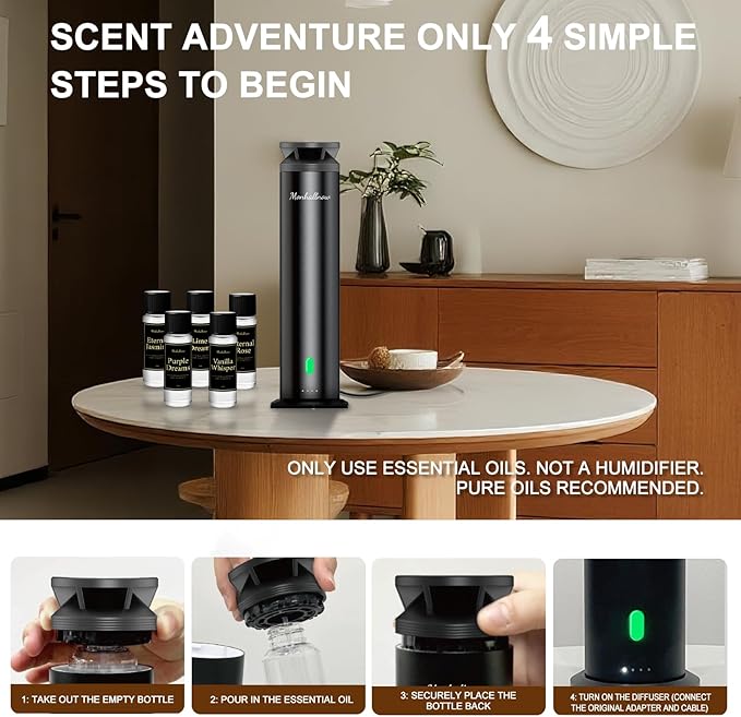 Waterless Scent Diffuser Starter Kit - 1000 Sq Ft Coverage, Essential Oil Diffuser for Home, Hotel & Office, Included 5 Scent Oils, Remote Control, Aromatherapy Diffuser, Ultra Black
