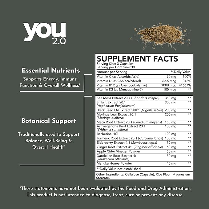 Powerhouse Superfood with Seamoss, Shilajit, Ashwagandha, Berberine, Maca, Black Seed Oil, Turmeric, Vitamin C, D, B12, K2 - Moringa, Apple Cider, Made in USA for Overall Health & Immunity