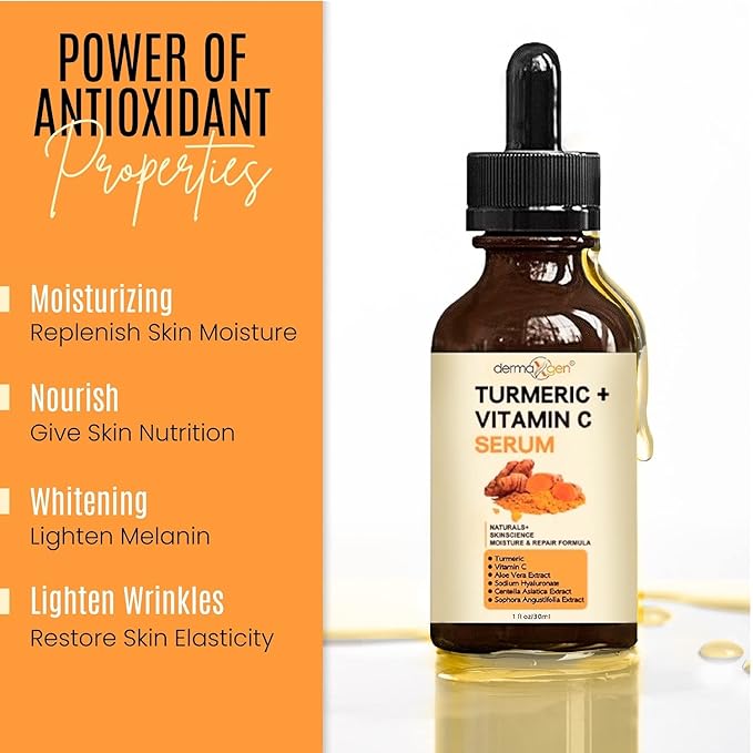 Turmeric and Vitamin C Anti-Aging facial serum, PURE ORGANIC Reduce Wrinkles, Improve Blemishes and Acne, Skin firming and Intensive Moisturizing & hydrating Serum for all skin Types (1 fl oz))