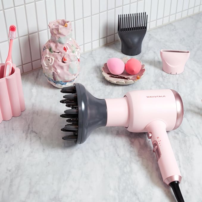 Wavytalk Hair Dryer with Diffuser, Blown Away Ionic Blow Dryer for Curly Hair with Comb, 1875W Fast Drying Hair Dryer with Ceramic Technology, 3 Attachments for All Hair Types, Light and Quiet, Pink